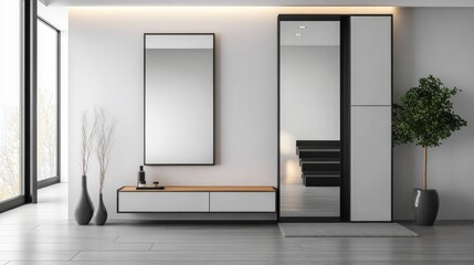 Modern hallway interior with mirror and storage unit