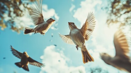 Birds in Flight Against a Bright Blue Sky: A Low-Angle Close-Up
