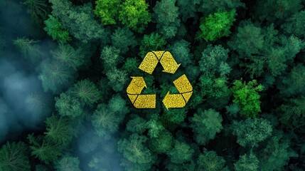 A recycling symbol made of natural materials held against a forest backdrop.