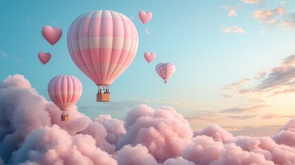 Fototapeta premium Pink Hot Air Balloons Soaring Above Cotton Candy Clouds: A Dreamy Valentine's Day Escape