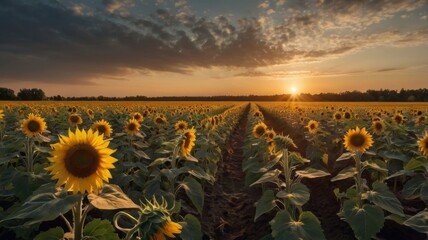 Fototapeta premium Golden Sunsets over Endless Sunflower Fields a picturesque landscape with rows of vibrant yellow sunflowers