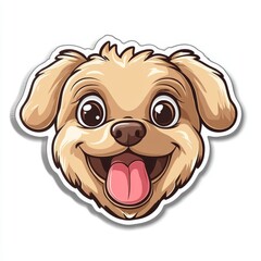 Happy dog face isolated on white background. Smiling puppy sticker. Purebred little dog cartoon character. Funny mascot template. Hand drawing brown pet. Doggy tongue emotional portrait