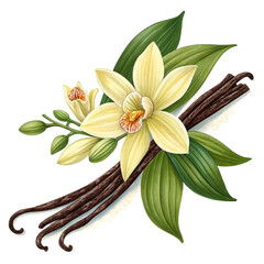 vanilla flower with pods and leaves isolated on a transparent background Generative Ai.