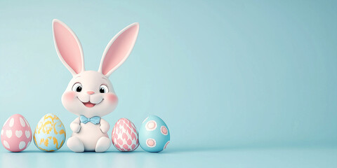 Fototapeta premium Osterkarte - Lachender Osterhase auf neutralen Hintergrund. Osterbanner. Oster Comic