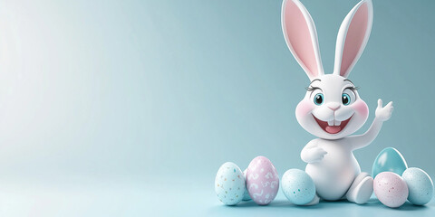 Fototapeta premium Osterkarte - Lachender Osterhase auf neutralen Hintergrund. Osterbanner. Oster Comic