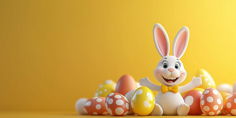 Fototapeta premium Osterkarte - Lachender Osterhase auf neutralen Hintergrund. Osterbanner. Oster Comic