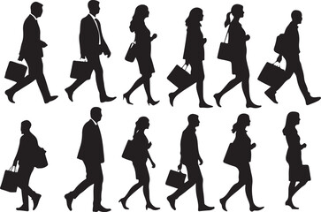 Business People Walking Silhouettes – Men and Women with Handbags in Side View Vector