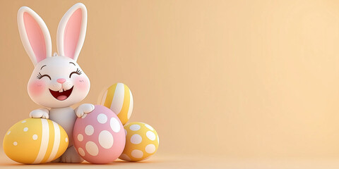 Fototapeta premium Osterkarte - Lachender Osterhase auf neutralen Hintergrund. Osterbanner. Oster Comic
