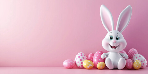 Obraz premium Osterkarte - Lachender Osterhase auf neutralen Hintergrund. Osterbanner. Oster Comic