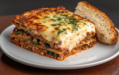 Delicious lasagna with melted cheese and fresh parsley