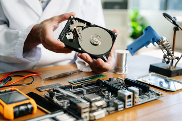 Obraz premium Technician repairing inside of hard disk drive by screwdriver. the concept of data, hardware, technician