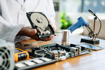Obraz premium Technician repairing inside of hard disk drive by screwdriver. the concept of data, hardware, technician
