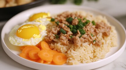 Thai Fried rice with egg and sliced carrot in white plateEasy cooking food
