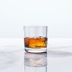 A clear glass of whiskey sits on a reflective surface, showcasing its rich amber color and ice cubes within.