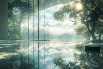 Surrealist photography, modern high-tech windows and other reflections of tranquil meadow scenes, the peace of sky and clouds, a bridge made of light, celestial light coming down from the sky