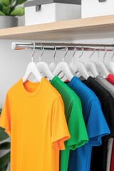 Obraz premium Colorful t-shirts neatly arranged on hangers in a modern closet.