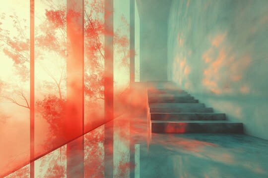 Surrealist photography, modern high-tech windows and other reflections of tranquil meadow scenes, the peace of sky and clouds, a bridge made of light, celestial light coming down from the sky