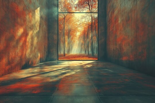 Surrealist photography, modern high-tech windows and other reflections of tranquil meadow scenes, the peace of sky and clouds, a bridge made of light, celestial light coming down from the sky