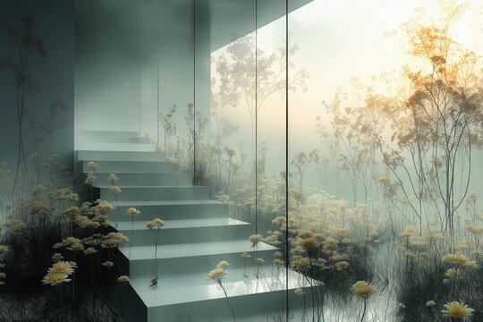 Surrealist photography, modern high-tech windows and other reflections of tranquil meadow scenes, the peace of sky and clouds, a bridge made of light, celestial light coming down from the sky