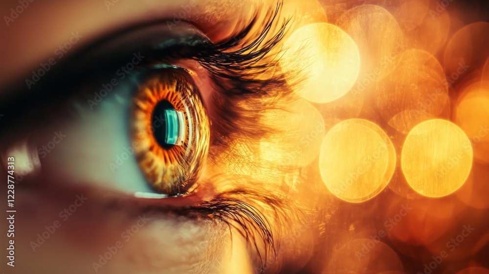 Poster a close-up view reveals a captivating eye filled with vibrant colors. the warm bokeh background crea
