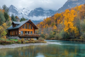 Fototapeta premium Cozy cabin by a serene mountain lake in autumn