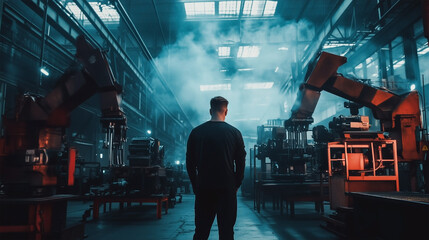 Fototapeta premium A man stands in front of two robots in a factory