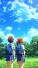 Obraz premium Girls look at summer sky, backpacks, friendship, green field, school
