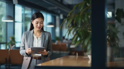 An Asian businesswoman in a bright office space, using her tablet during a presentation, focusing on technology and professionalism, more clarity with clear light and sharp focus.