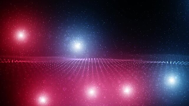 Slow motion looping wavy dots with glowing red blue spot lights movement.