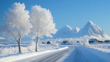 Obraz premium Snowy road leading to houses in a small village in lofoten islands, norway, during winter