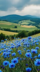 Obraz premium Blooming cornflowers covering green meadow in picturesque rural landscape