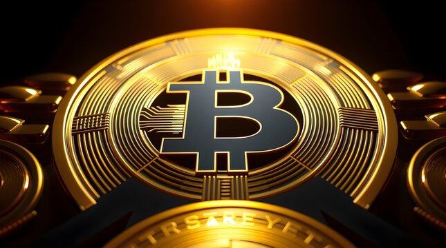 Dramatic closeup of a futuristic golden Bitcoin cryptocurrency coin with powerful backlighting. - Powered by Adobe
