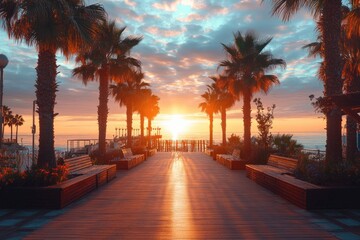 Obraz premium Palm trees framing rising sun on tropical boardwalk at sunrise