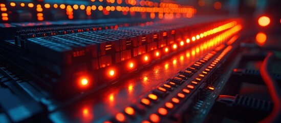Fototapeta premium Illuminated server rack with red lights.