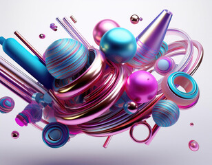 Fototapeta premium 3d render realistic primitives composition. Flying shapes in motion isolated on White background. Abstract theme for trendy designs. Spheres, torus, tubes, cones in metallic blue and pink colors.
