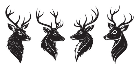 Elegant deer head silhouette set with majestic antlers wildlife illustration perfect for tattoo logo emblem hunting decoration and nature inspired artwork