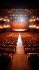 Naklejka premium Elegant theater auditorium with rich seating and spotlight stage.