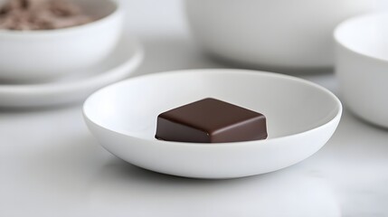 A small square of dark chocolate resting on white porcelain