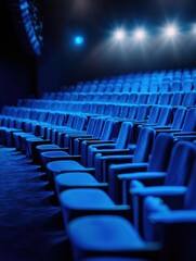 Naklejka premium Empty blue theater seats await the audience for a thrilling show.