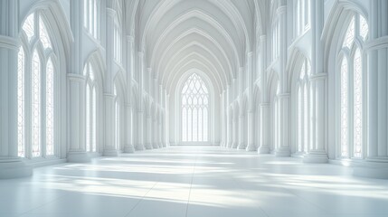 Naklejka premium White Cathedral Hallway, Sunlight, Gothic Architecture, Empty, Interior Design
