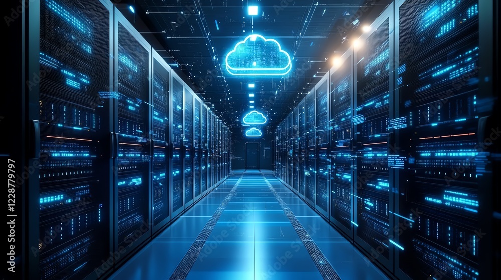Aufkleber Futuristic cloud computing applied to encryption and server technology, location tracking integration, photorealistic 3D rendering, dynamic glowing digital interfaces