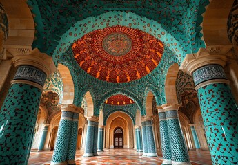 Ornate Mosque Interior with Teal and Orange Mosaic Dome and Arched Corridors

