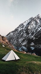 Serene Night Sky  Snowy Mountain Campsite  Tent  Lake  Stars