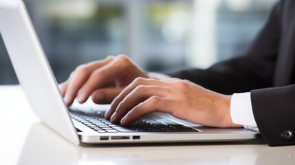 Close-up of hands working on a laptop in a well-lit office, with lots of space around for overlay text.