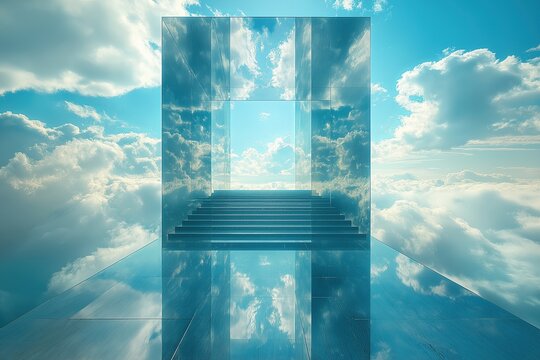 Surrealist photography, modern high-tech windows and other reflections of tranquil meadow scenes, the peace of sky and clouds, a bridge made of light, celestial light coming down from the sky