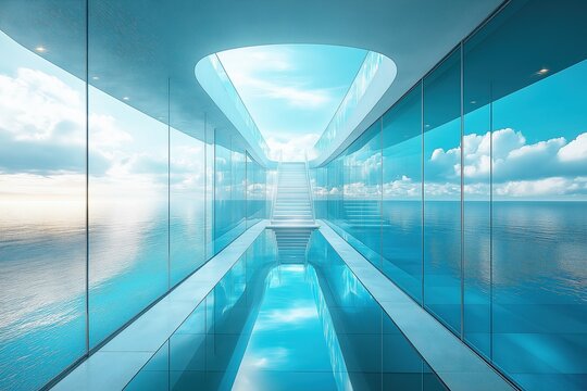 Surrealist photography, modern high-tech windows and other reflections of tranquil meadow scenes, the peace of sky and clouds, a bridge made of light, celestial light coming down from the sky