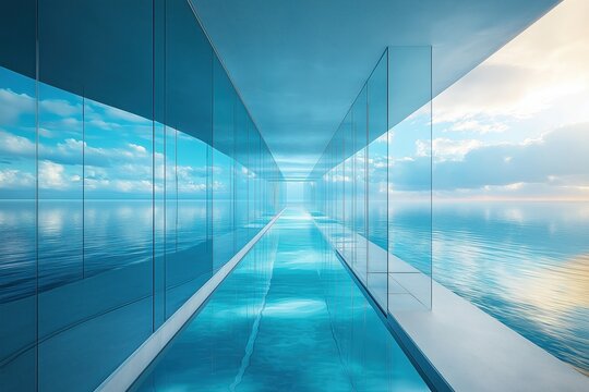Surrealist photography, modern high-tech windows and other reflections of tranquil meadow scenes, the peace of sky and clouds, a bridge made of light, celestial light coming down from the sky