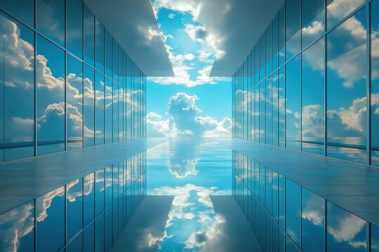 Surrealist photography, modern high-tech windows and other reflections of tranquil meadow scenes, the peace of sky and clouds, a bridge made of light, celestial light coming down from the sky