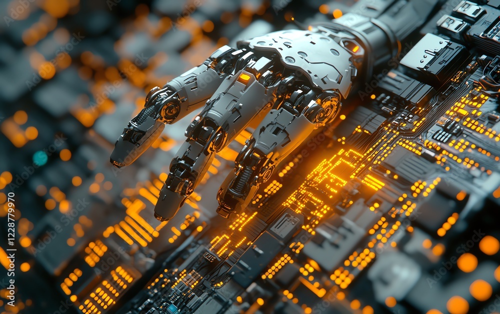 Poster Scitech scene featuring mechanical arm and circuit chip, hightech industrial background, hyperdetailed 3D rendering, glowing neon accents, advanced robotics design