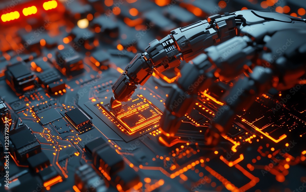 Aufkleber scitech scene featuring mechanical arm and circuit chip, hightech industrial background, hyperdetail